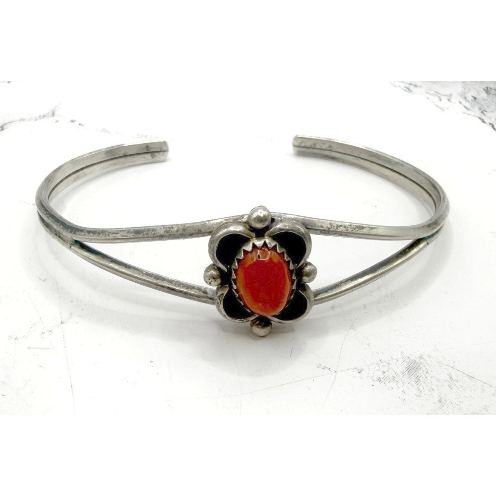 Signed RP Red Stone Silver Tone Open Cuff Bracelet Southwestern Style 7 Inch